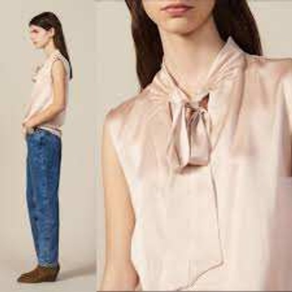 Sandro Paris Silk‎ Sleeveless Blouse Tie Neck Champagne Gold Women's Top